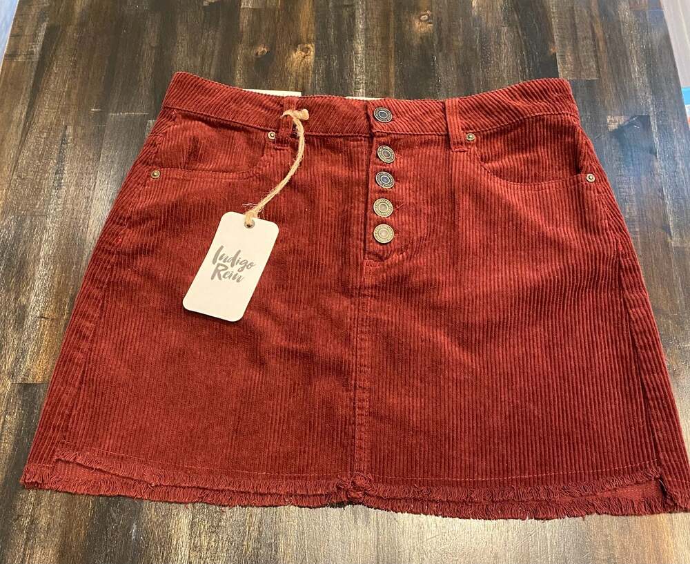 Indigo Rein Mid Rise Burgundy Corduroy Button Front Mini Skirt with Raw Hem